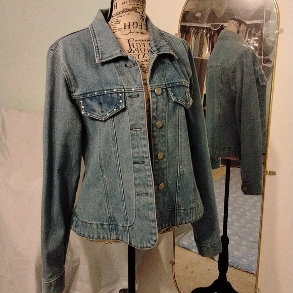 Typhoons Jackets & Blazers - Women's EUC Typhoons med blue denin jacket w/ rhinestone detail Sz Medium